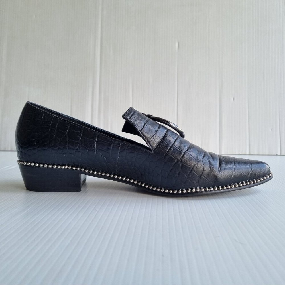 Skin Black Crocodile Print Leather O-Ring Detail Pointed Toe Loafers Size 38 - Picture 4 of 7